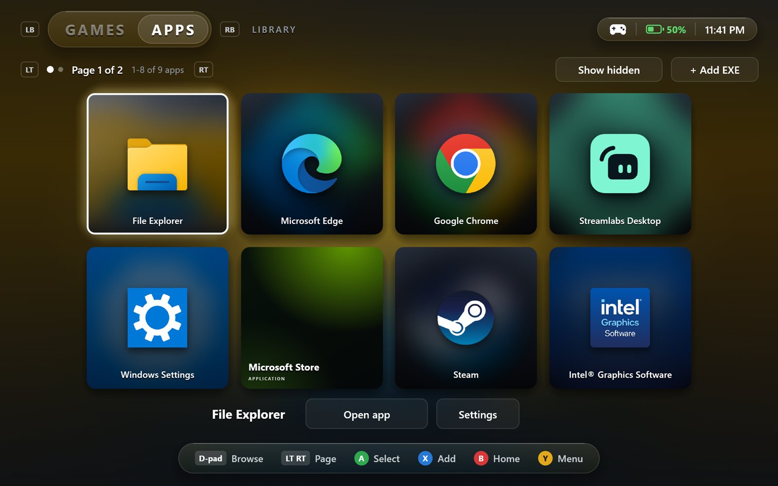 Apps library with app icon tiles