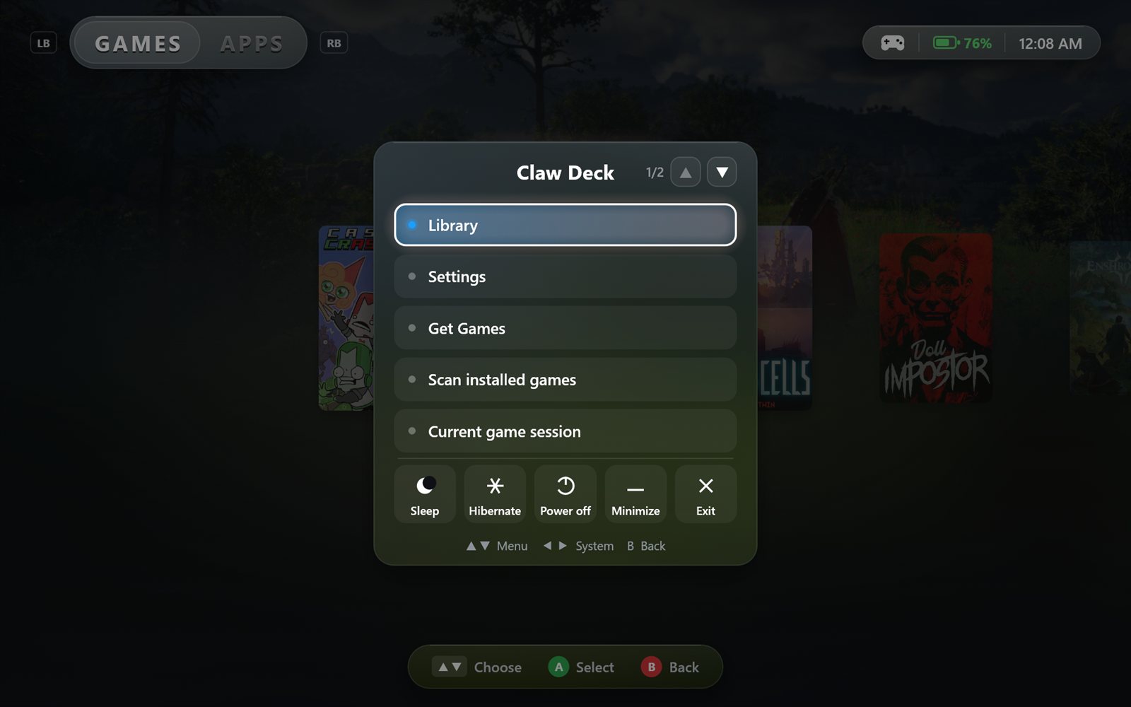 Glass menu with sleep, hibernate, power off, minimize and exit