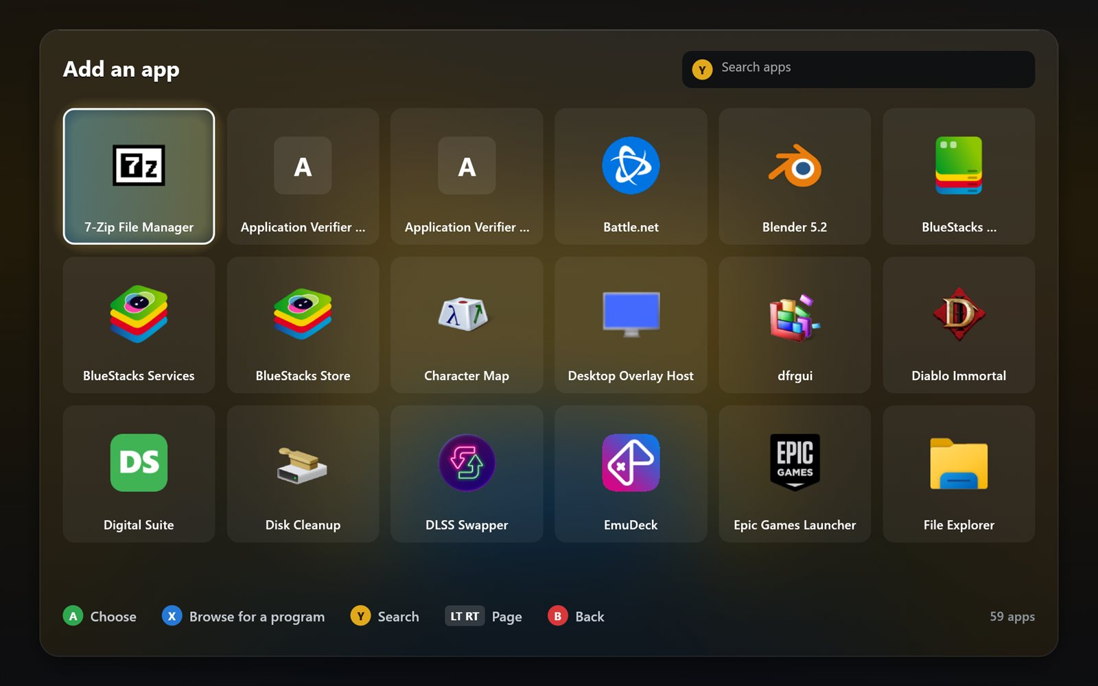 Add-an-app picker showing installed apps