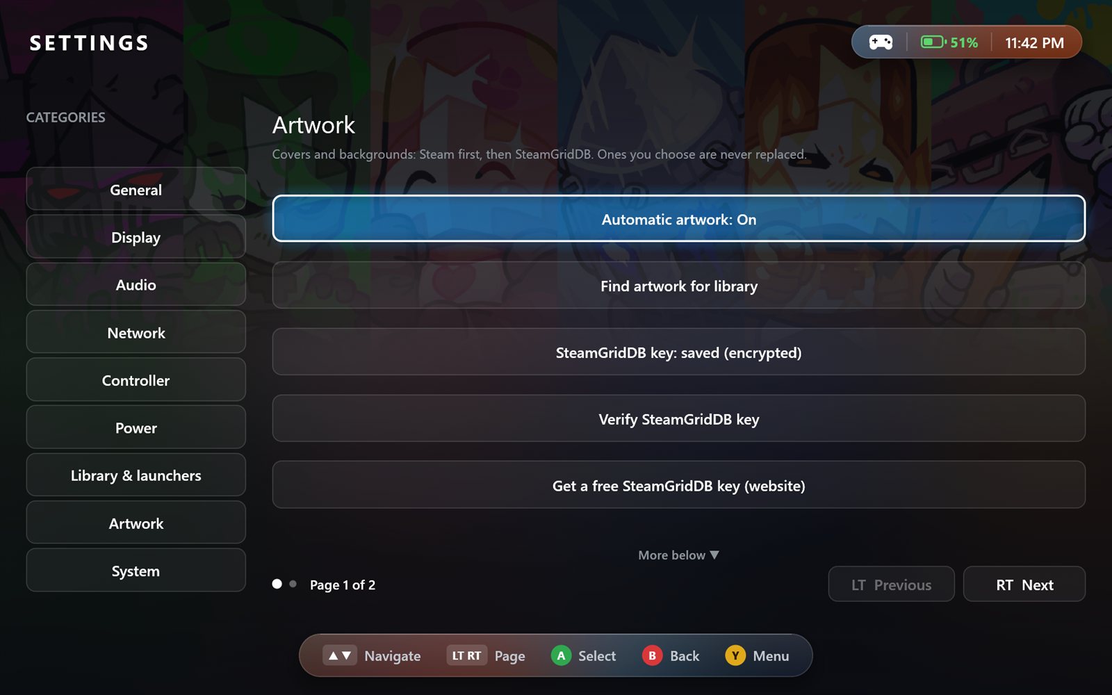 Artwork settings with SteamGridDB key options